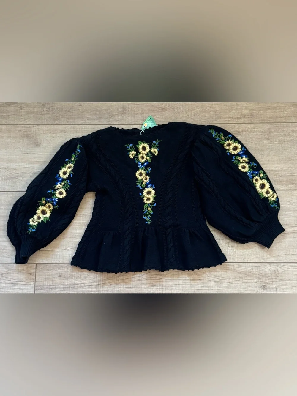 Farm Rio Black Embroidered Sunflower Cable Knit Peplum Sweater Top NWT Medium - Picture 3 of 13